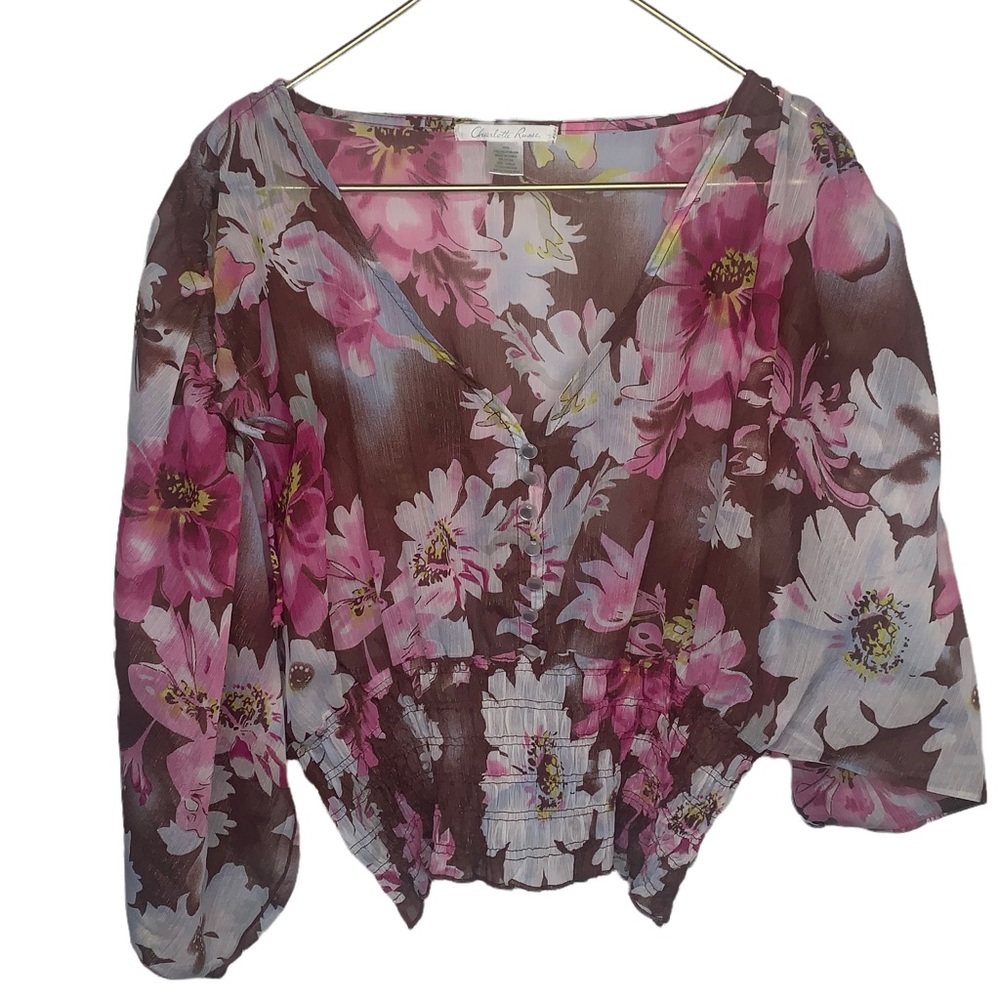 Charlotte Russe Womens size L boho top brown metallic weave floral smocked waist